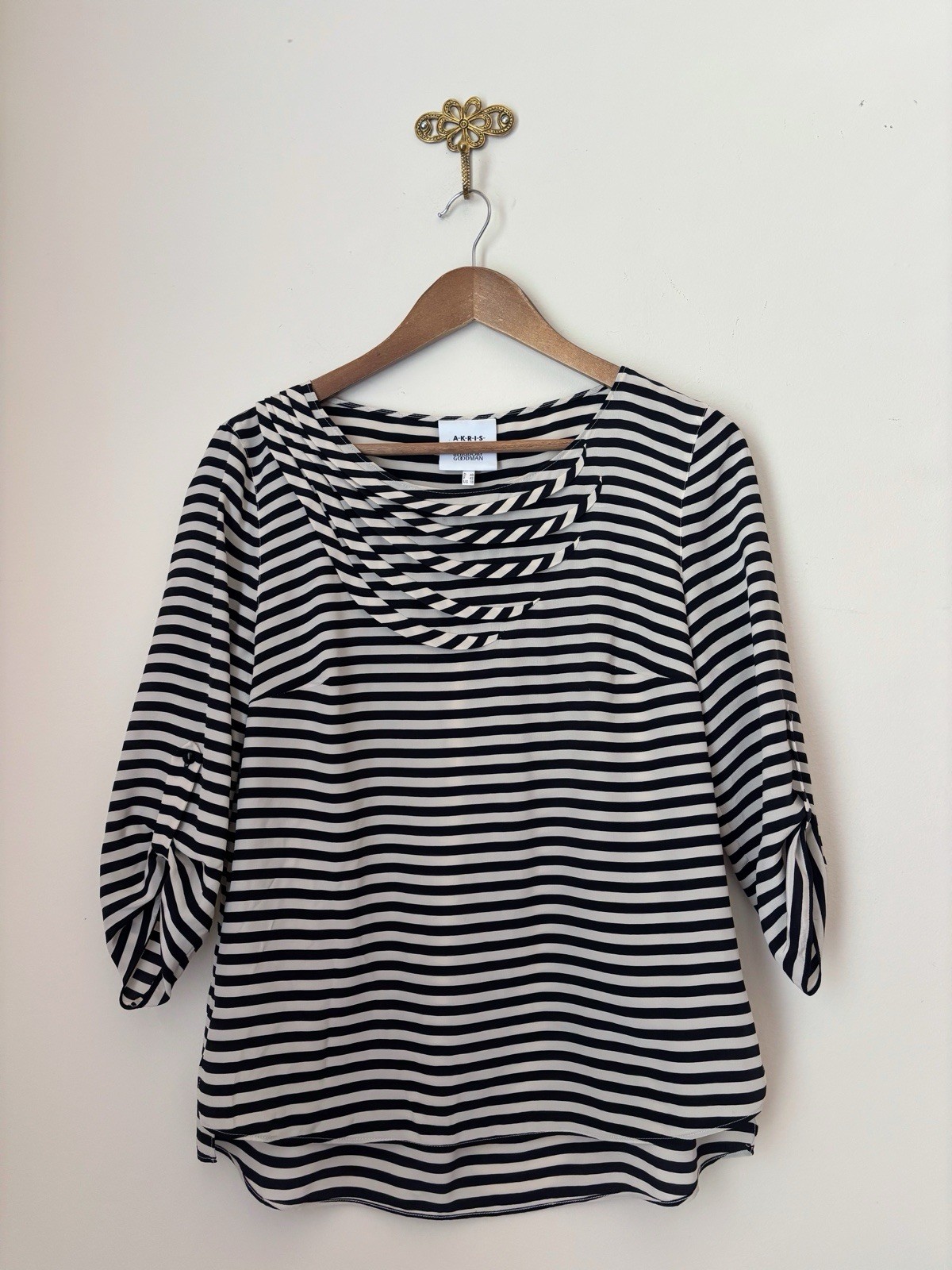 Akris Punto Striped Mulberry Silk Blouse Sz 10 Quiet Luxury