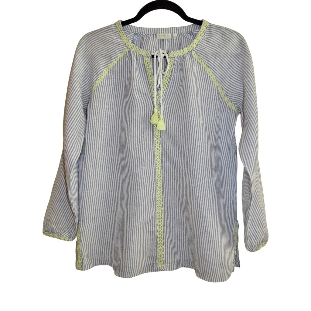 Spartina 449 Carlen Seersucker Tassel Tie Tunic Top Blue White 100% Linen Small