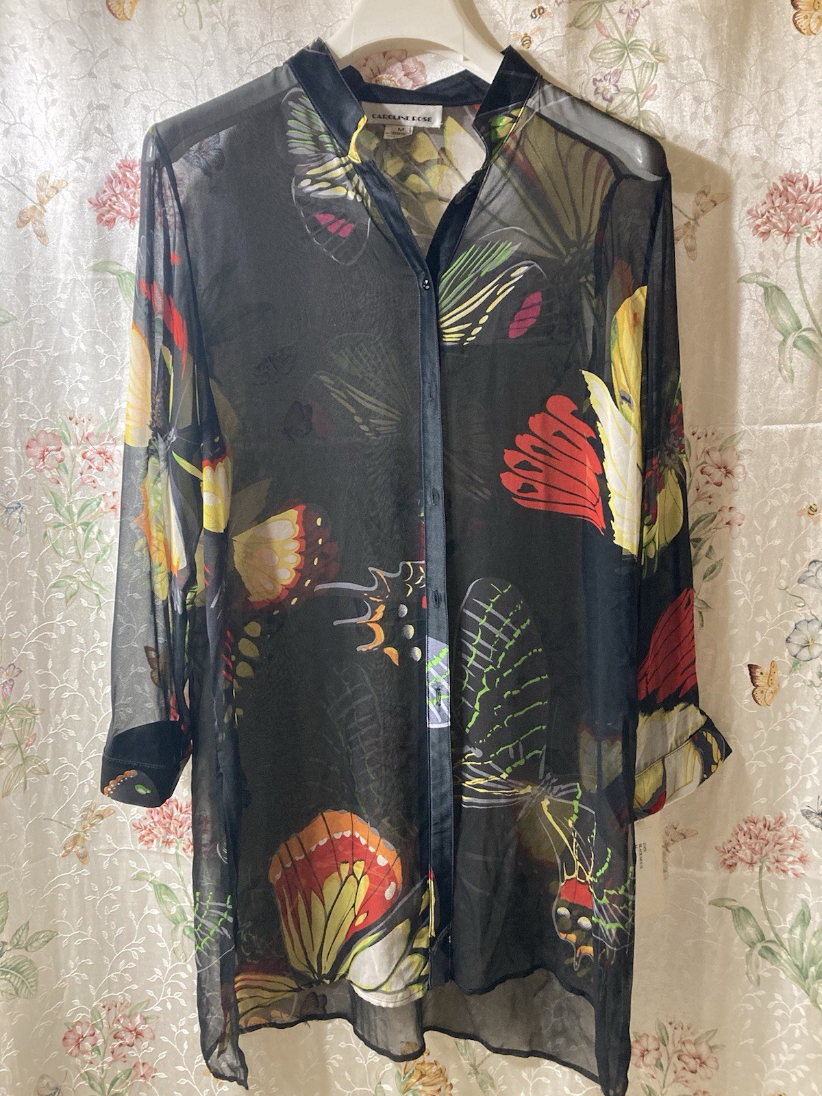 New With Tags medium Caroline Rose 100% Silk Black Butterfly Sheer Tunic Button