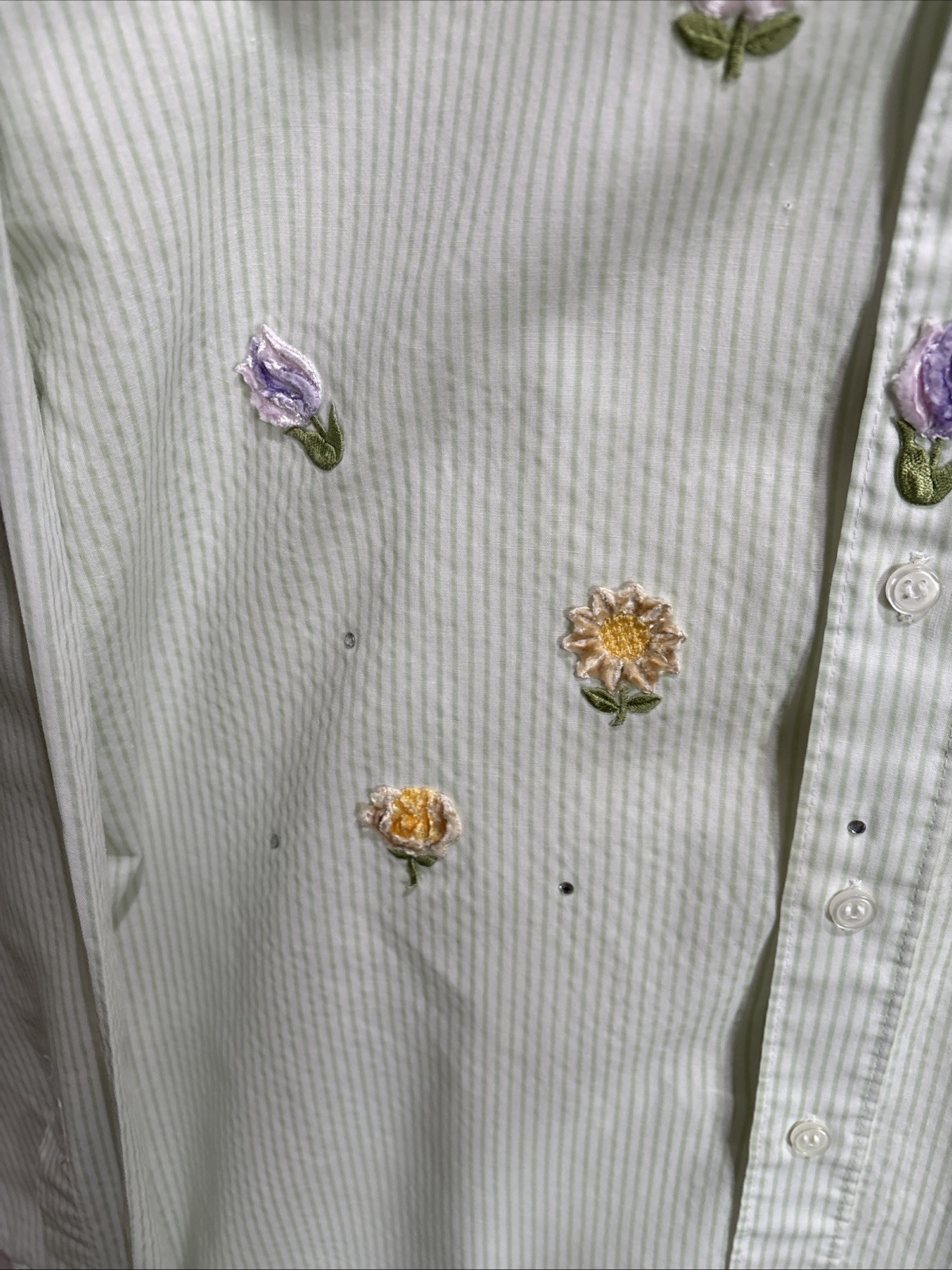 Mili Designs Womens Blouse Stripes Appliqué Flowers Rhinestones – Size Large