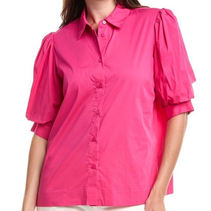 T Tahari A Line Collared Button Up Puff Sleeve Tulip Pink Blouse Top Womens XL