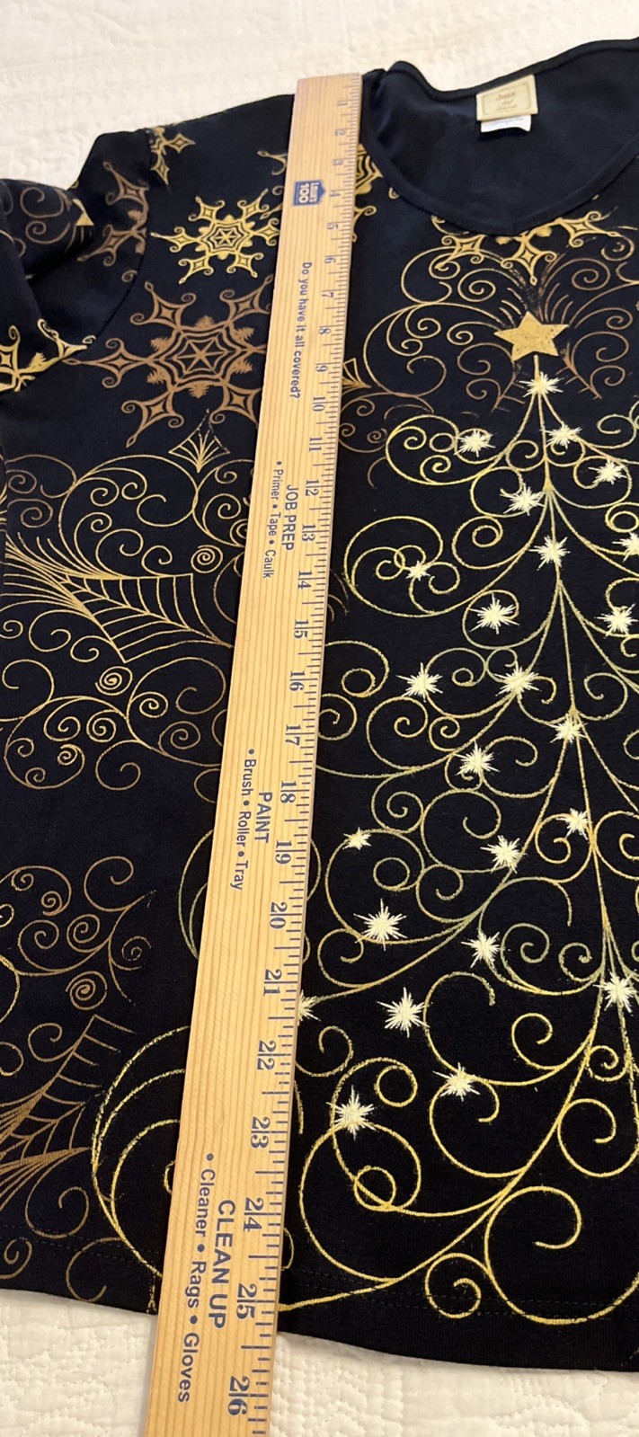 Jess & Jane Christmas Tree Holiday Top L Black Gold Cotton USA Christmas Star