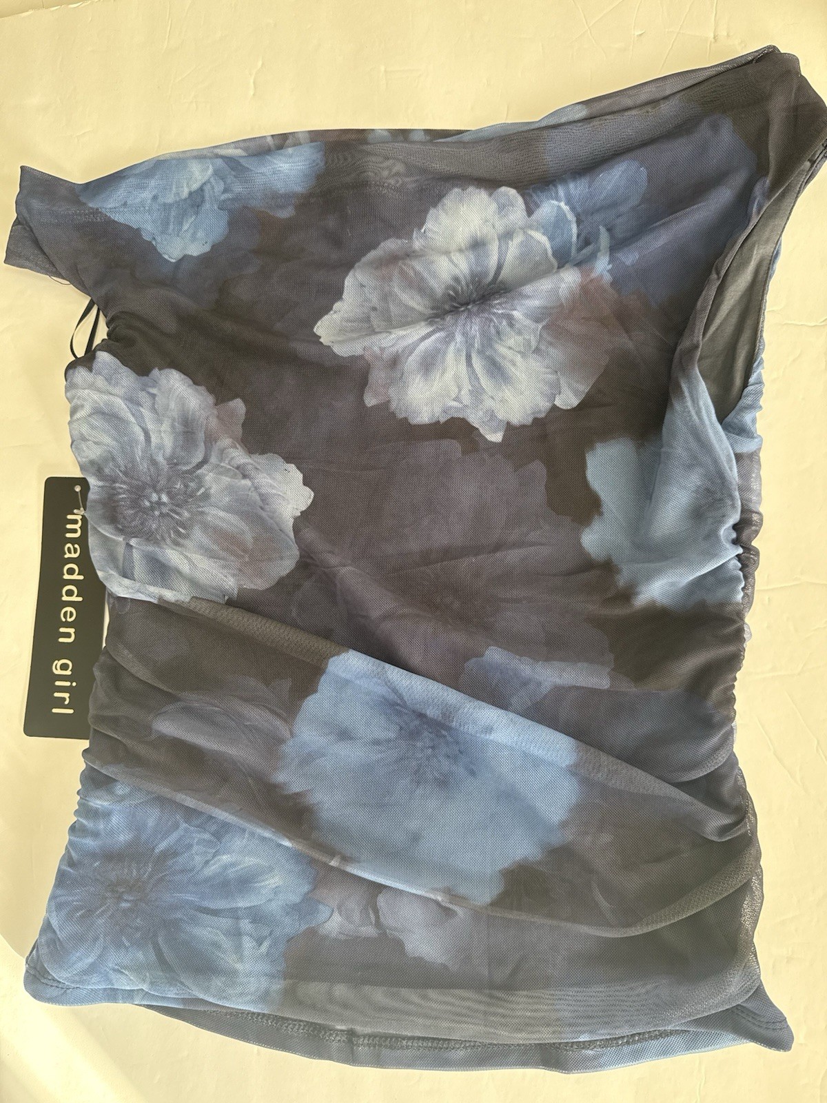 Madden Girl One Shoulder Ruched Floral Mesh Stretch Cami Top Blue/Gray – M
