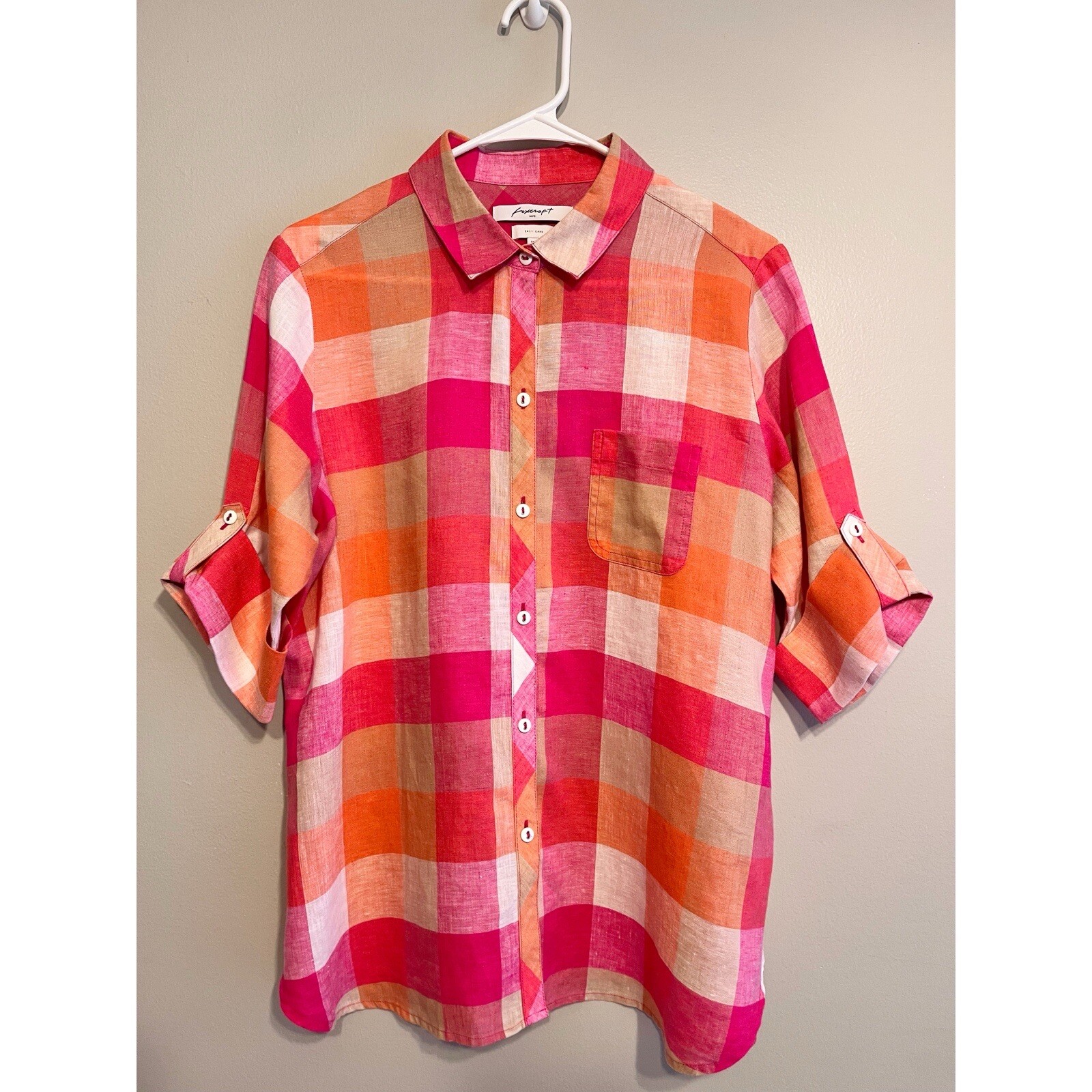 Foxcroft Easy Care Linen Tamara Check Top in Pink and Orange Petite 14