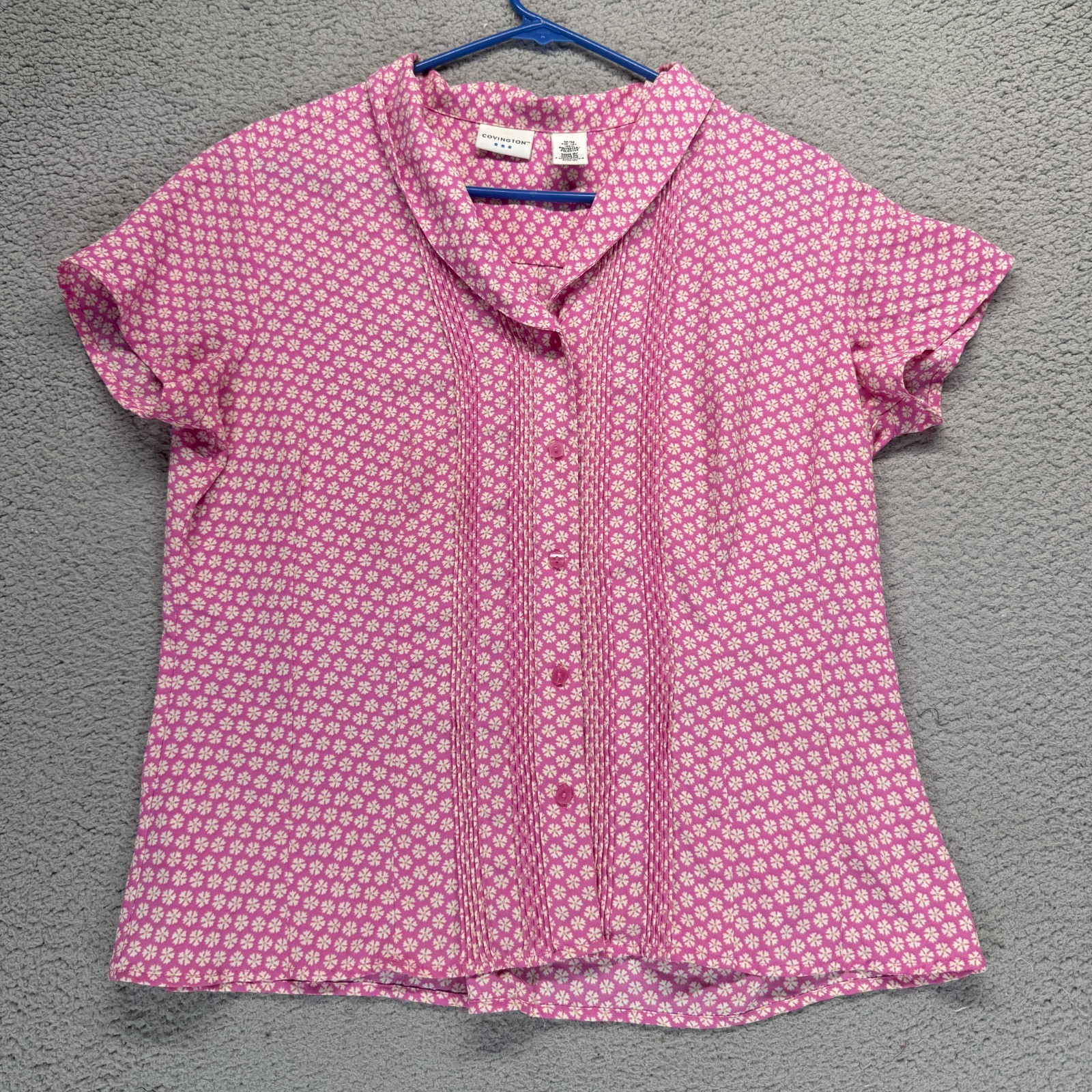 Covington Pink White Womens M Floral Pintuck Pleated Short Sleeve Button Up