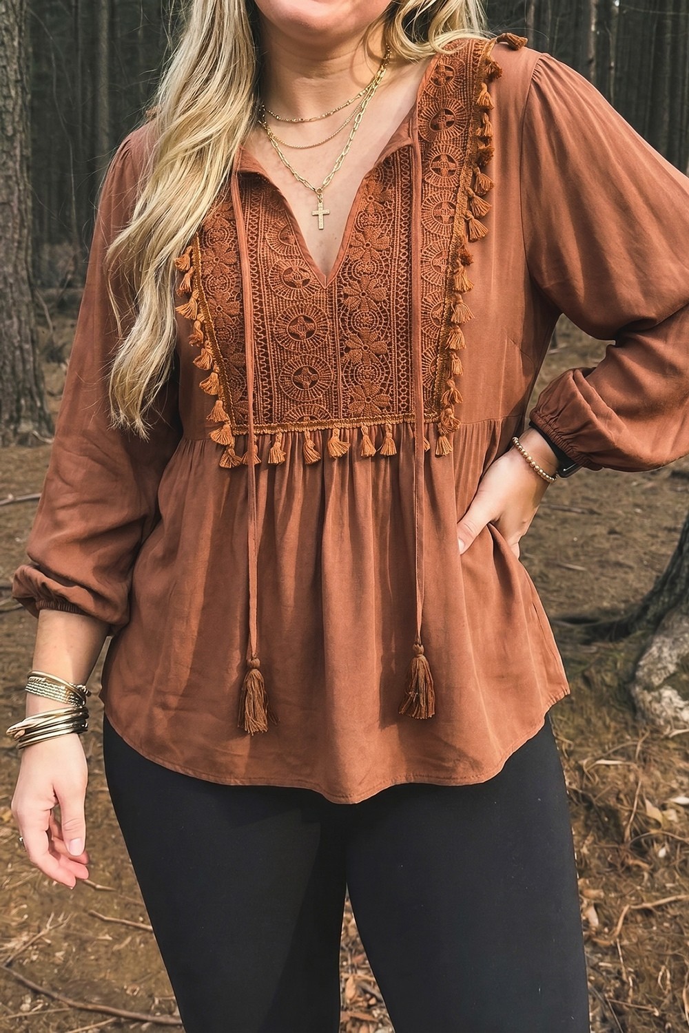 Women’s Plus Size V Neck Embroidered Tassel Long Sleeve Blouse