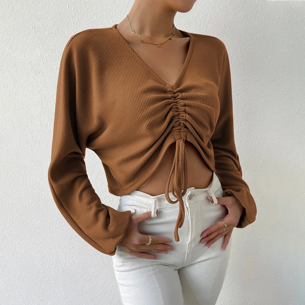 Women Dark Brown Long Sleeve V-Neck Ruched Drawstring Crop Top Blouse