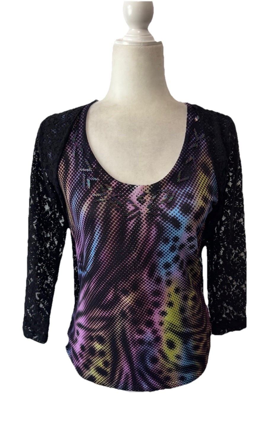Alberto Makali Top Double Layer Stretch Floral Lace Overlay Beaded Sz M