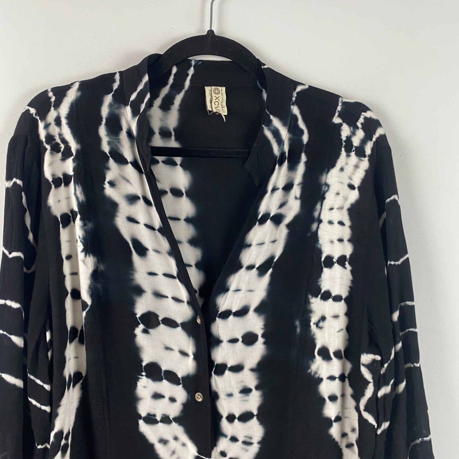 XCVI Button-Up Tunic Top Size Large Black Tie Dye Sheer