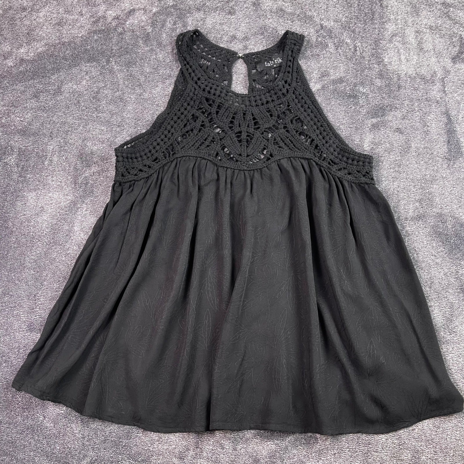 Fab’rik Black Crochet Lace Halter Top Babydoll Boho Floral Rayon L13907W-RTW M