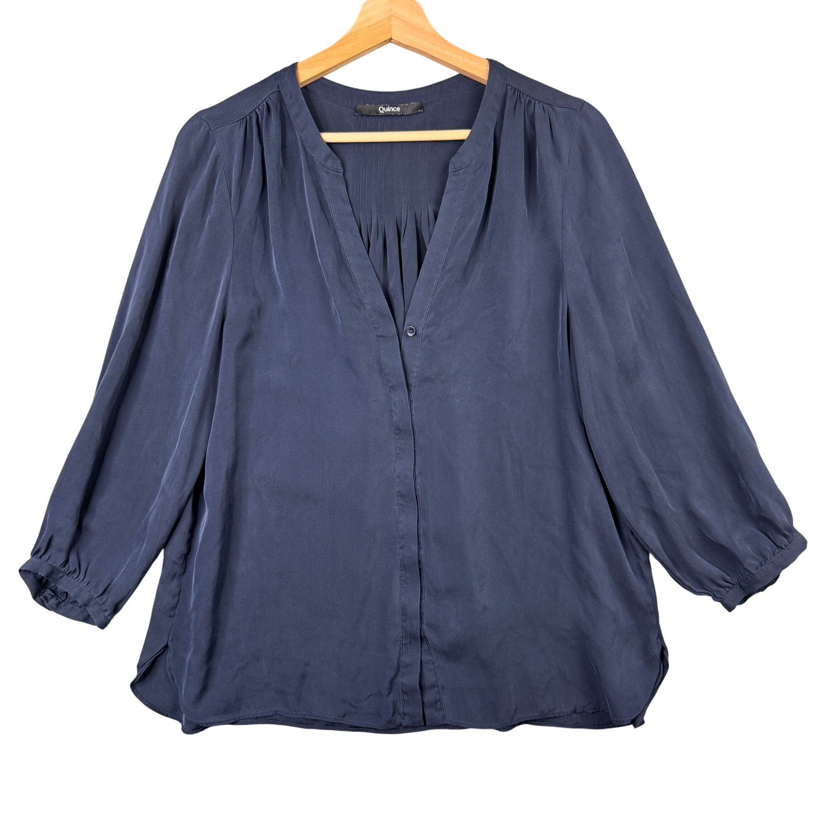 Quince Washable Stretch Silk Notch Collar Blouse Navy Blue Size M Long Sleeve