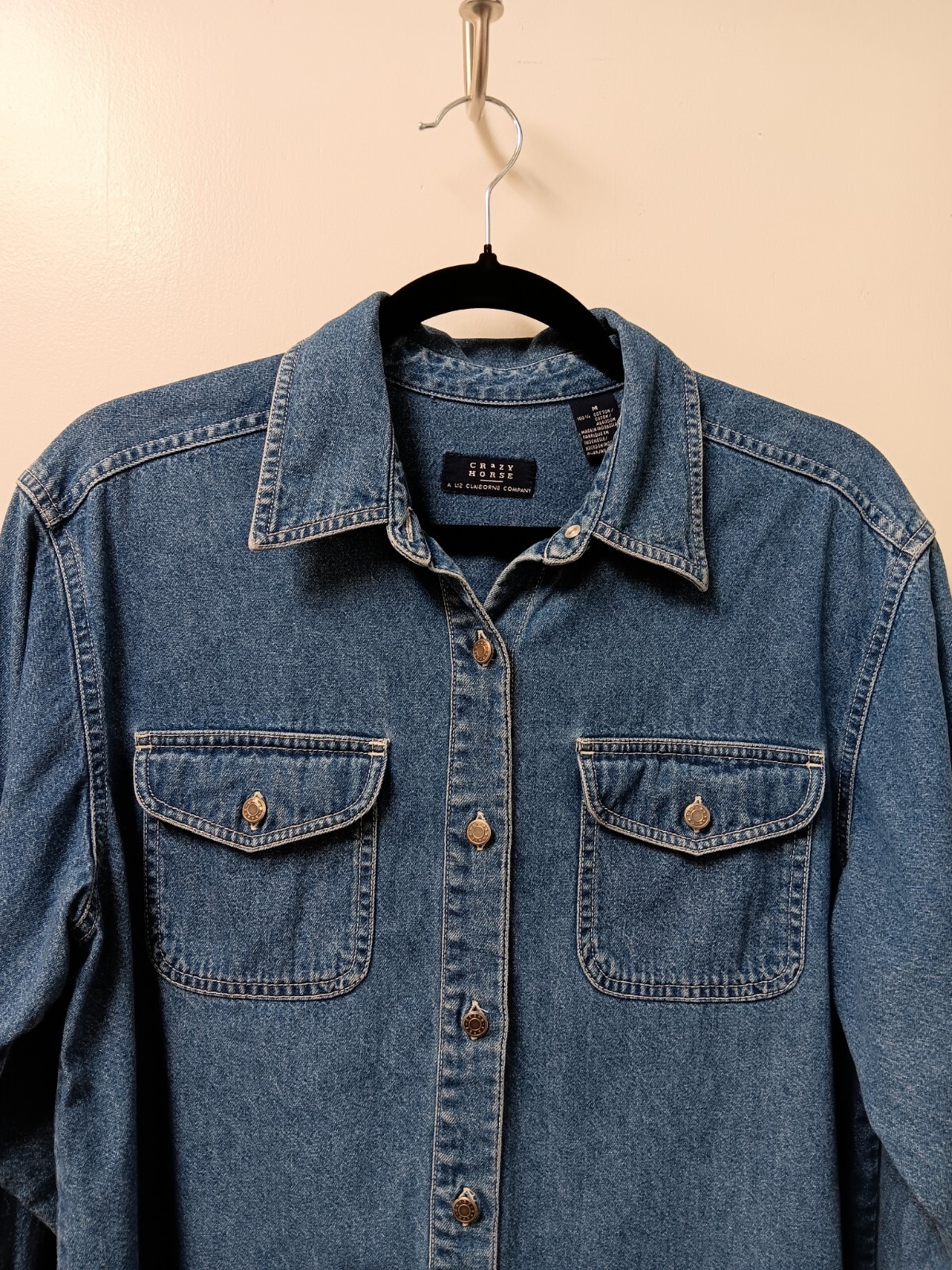 Vintage Crazy Horse Liz Claiborne Womens Demin Shirt Sz M Flap Pocket Western