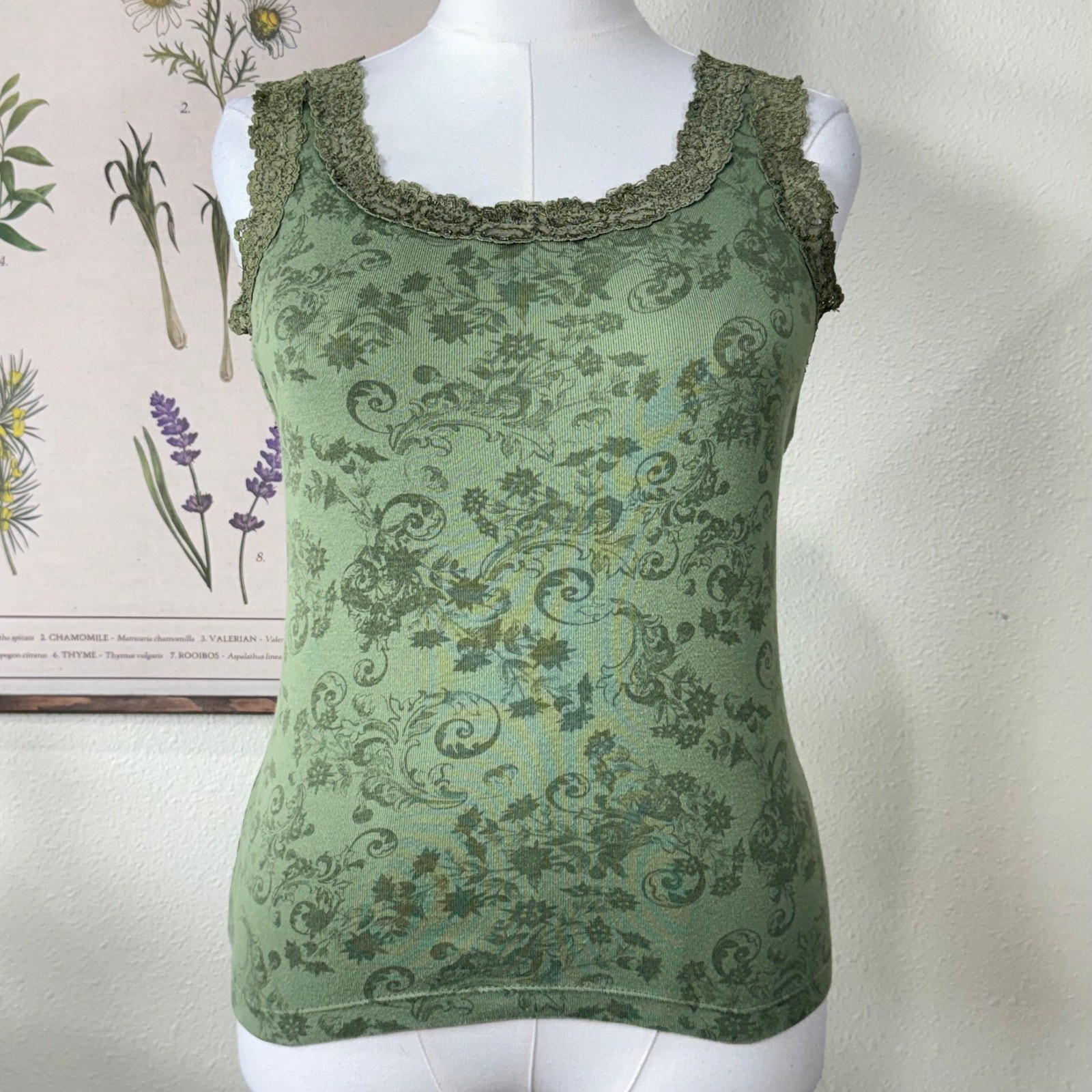 90s Y2k Floral Lace Trim Tank Top Fairy Grunge Whimsigoth Forest Hippie Boho M