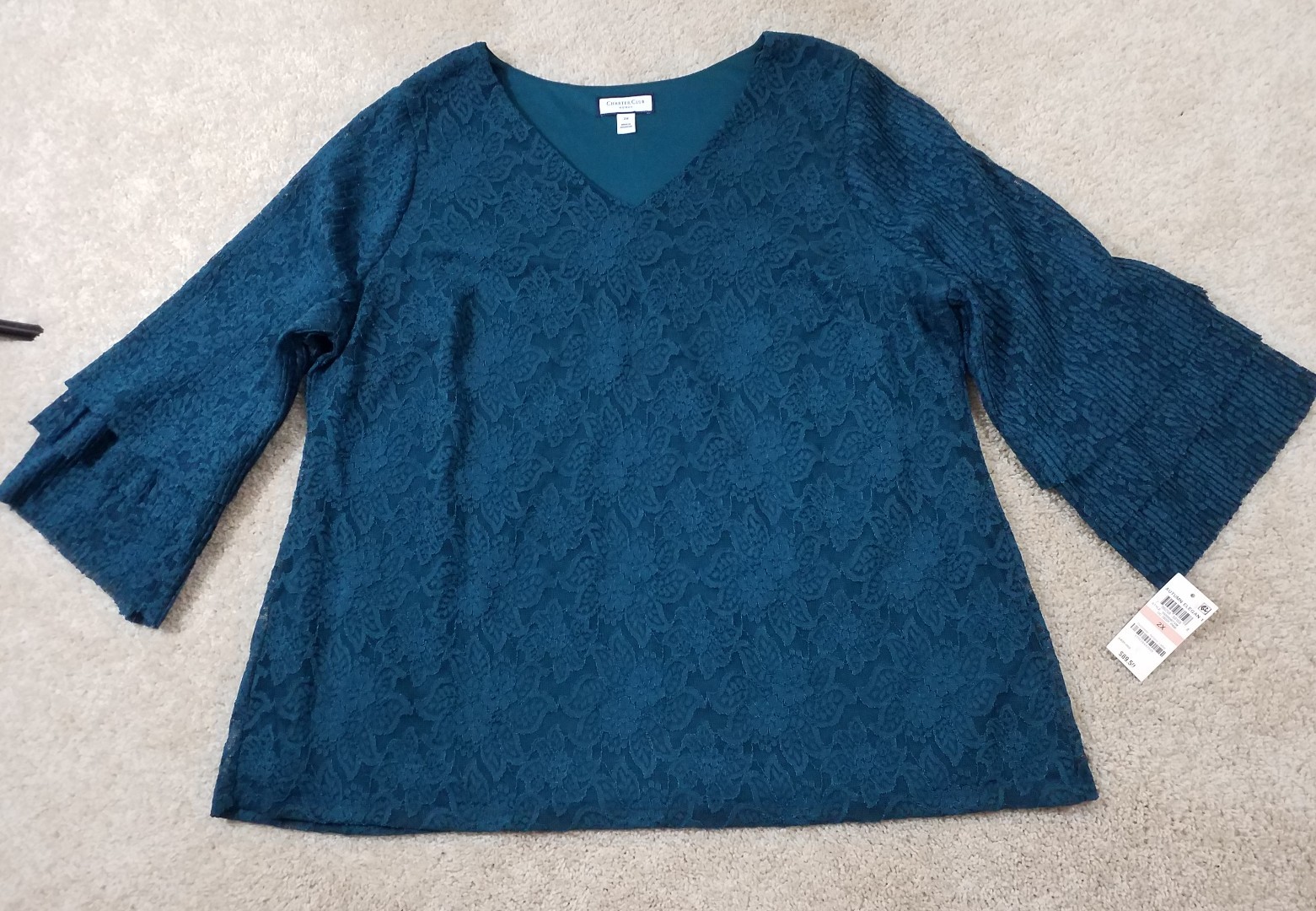 Charter Club~Woman Plus Size 0X~Teal Tiered-Sleeve Lace Deep Pine Blouse NWT.