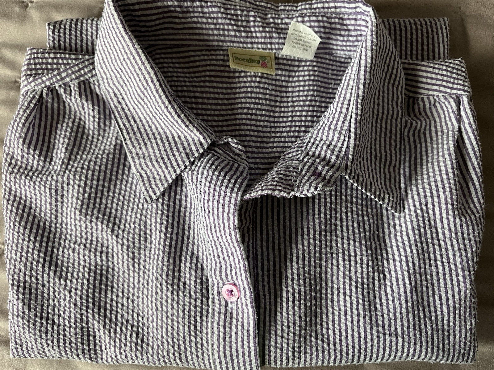 Bocabay Womens Shirt Size L Short Sleeve Button Up Collared Purple Strip 3/8/25C