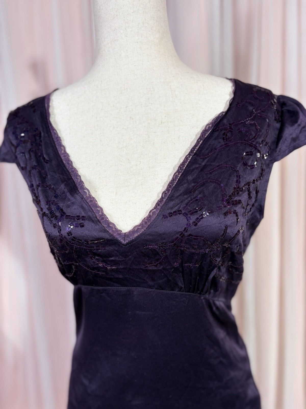 Vero Moda Purple Satin Sequin Lace Top Medium Y2K Deep V Neck Whimsigoth