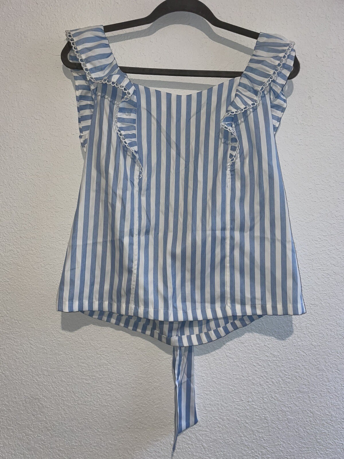 Women Blue Striped Tie Back Ruffle Trim Top Size Large Bar None Country Store
