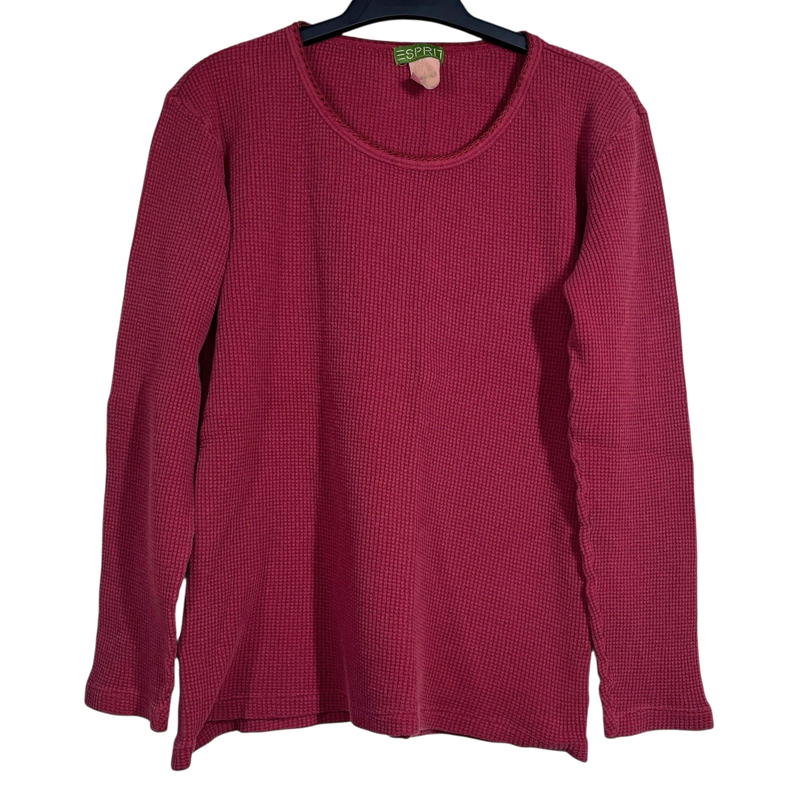 Vintage ESPRIT Waffle Knit Top Womens L Burgundy 100% Cotton Y2K USA Made