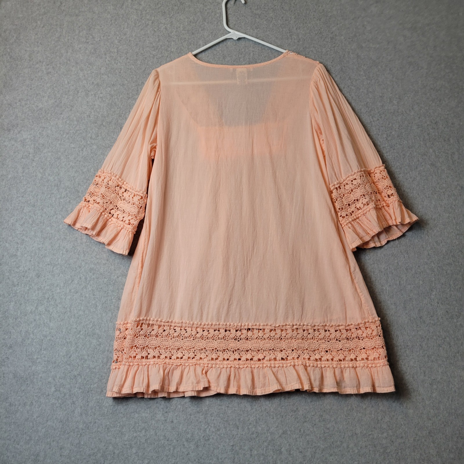 Cute Options 100% Cotton Peachy Pink 3/4 Sleeve Coquette Crochet Boho Top Large