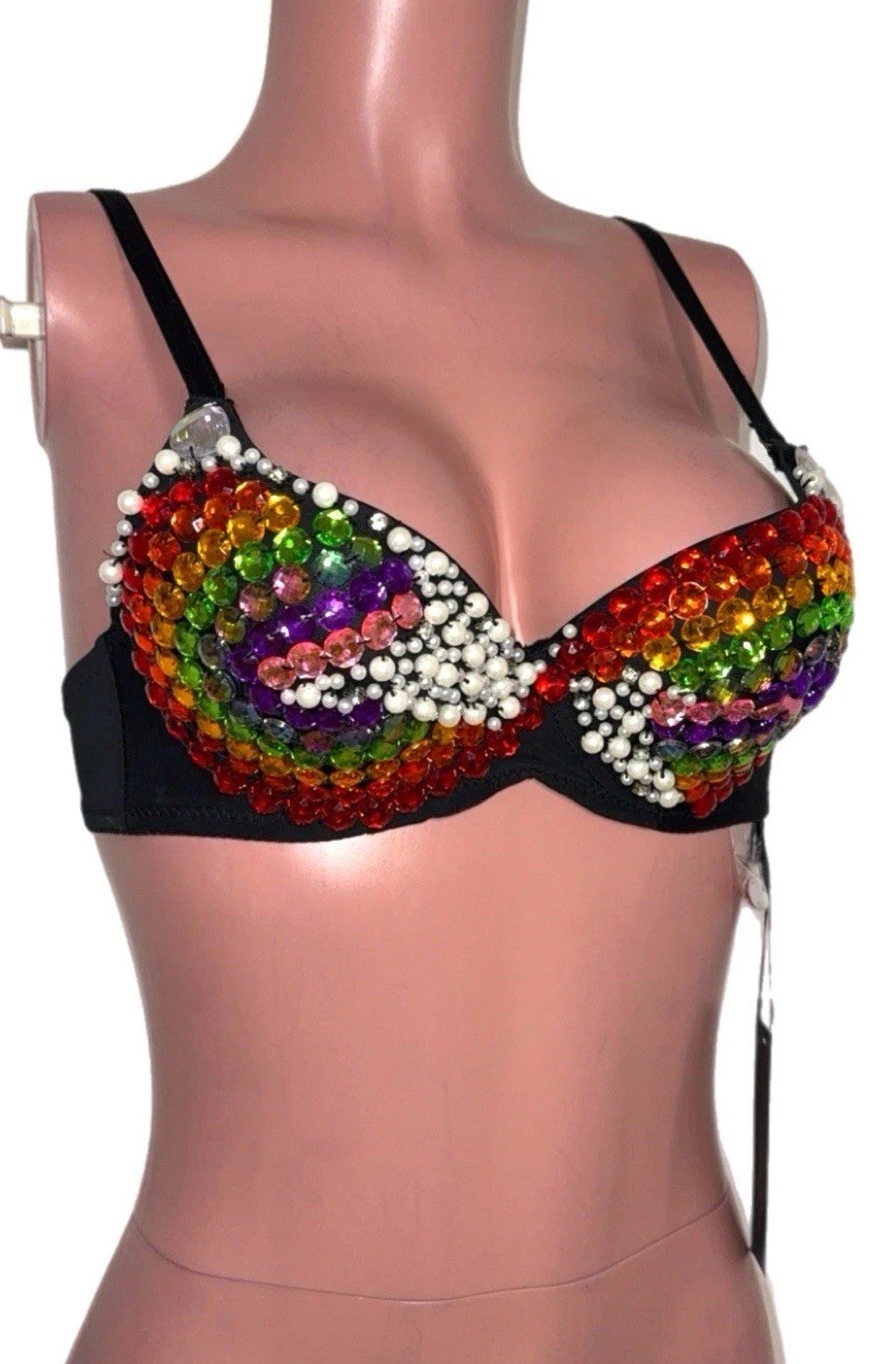 Y2K Rainbow Rhinestone Pearl Rave Mermaid Bra Top Cosplay Party NWT Glam Event S