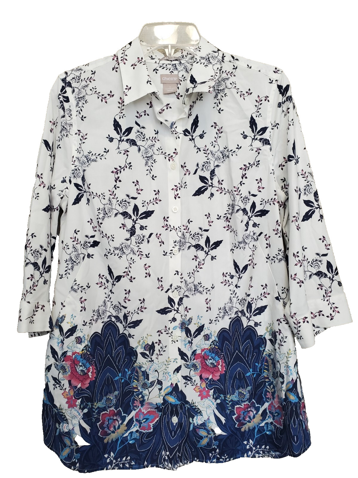 Chico’s No-Iron Stain Shield Jacobean Floral Print Button-Up Tunic Size 1 MEDIUM