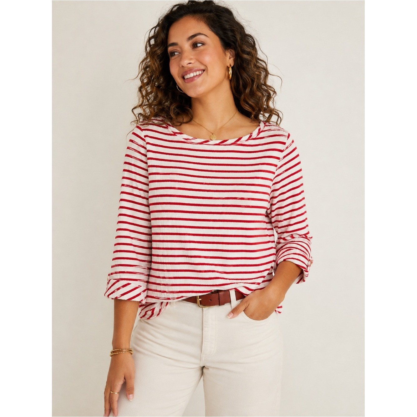 Red White Striped Boat Neck Top Women’s Large 3/4 Sleeve French Nautical