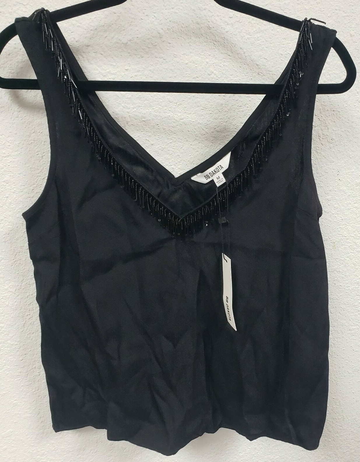 BB Dakota By Steve Madden Junior’s Powers That V Beaded Trim Top, Black, Medium