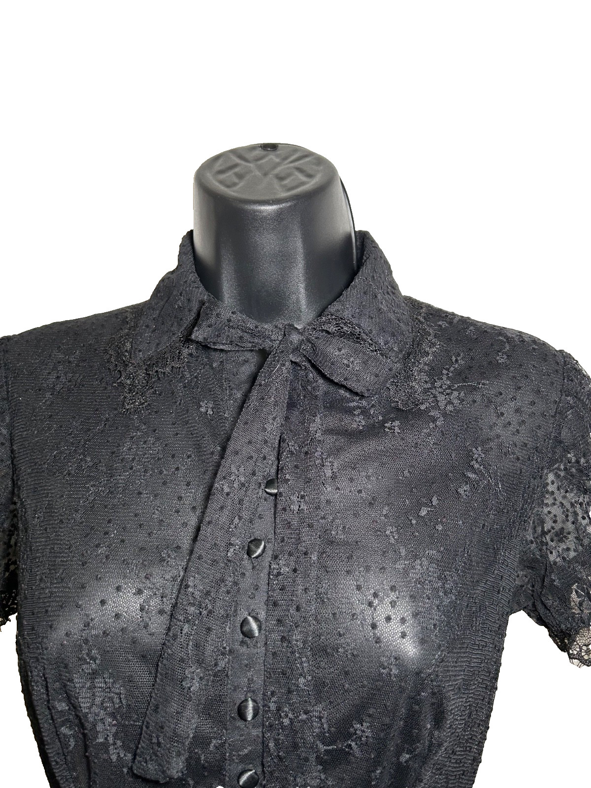 Y2K black Victoria secret lace collared button up puff sleeve mesh body suit