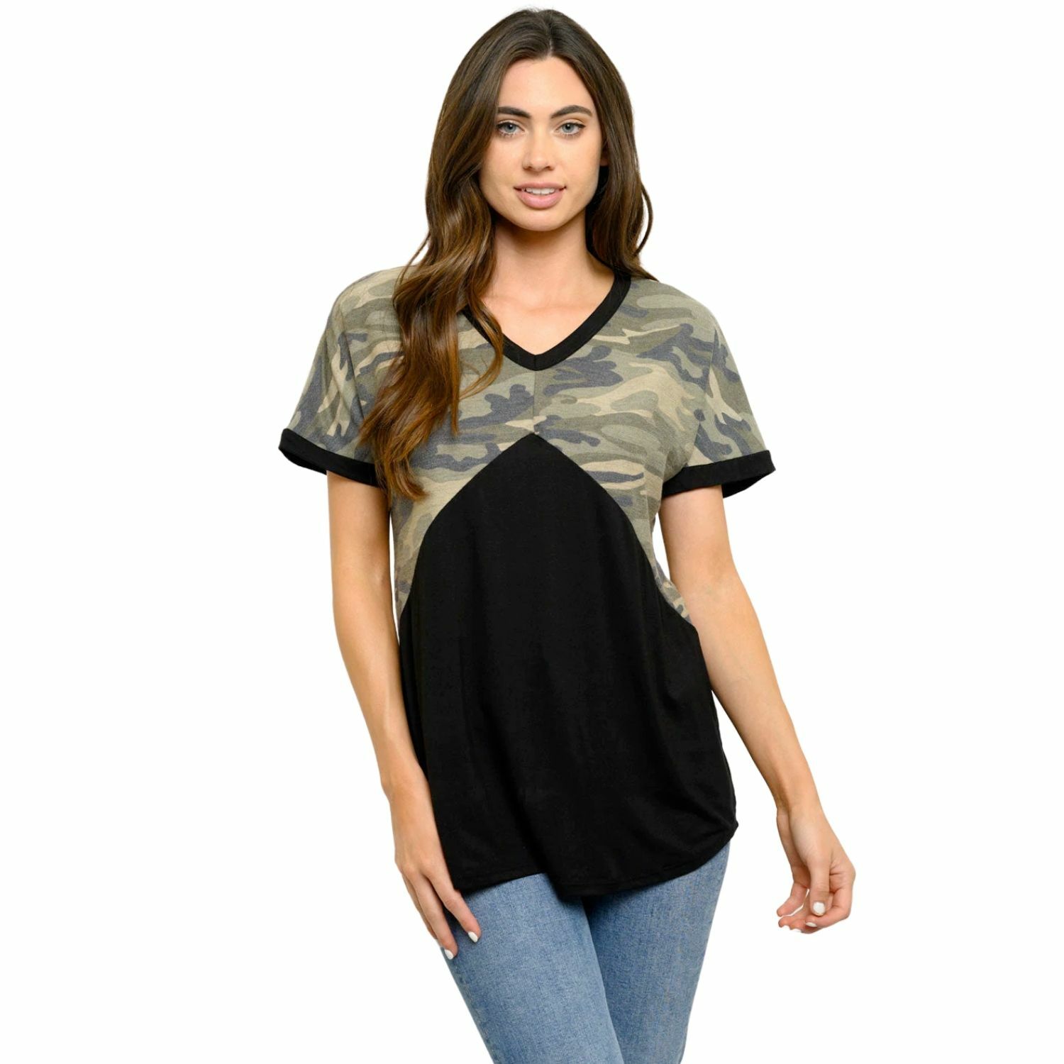 Heimish Womens Solid Camo Print Contrast Back Cut-out Short Sleeve Top