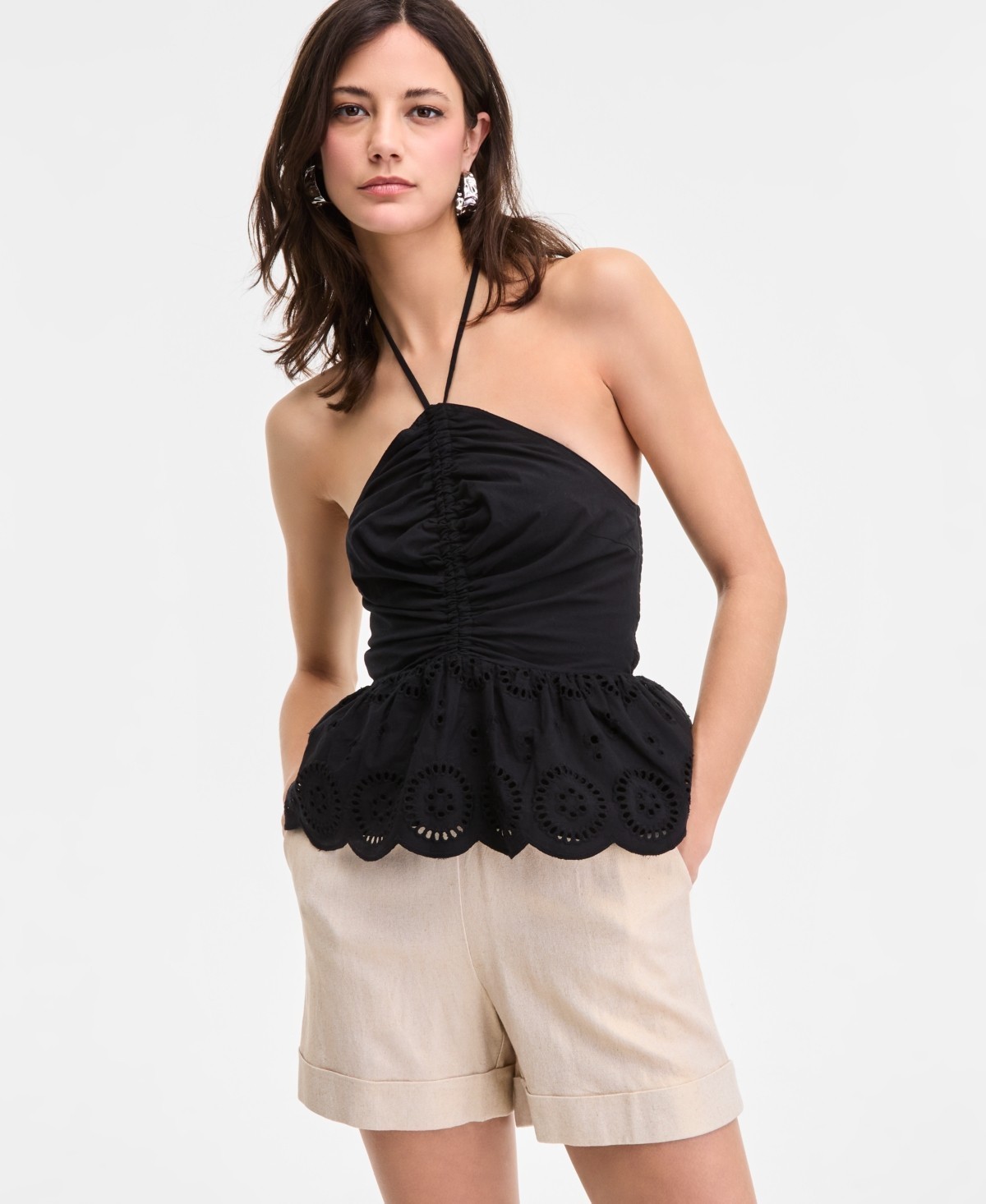 I.N.C. International Concepts Scalloped Eyelet Halter Top Women’s XXL Deep Black