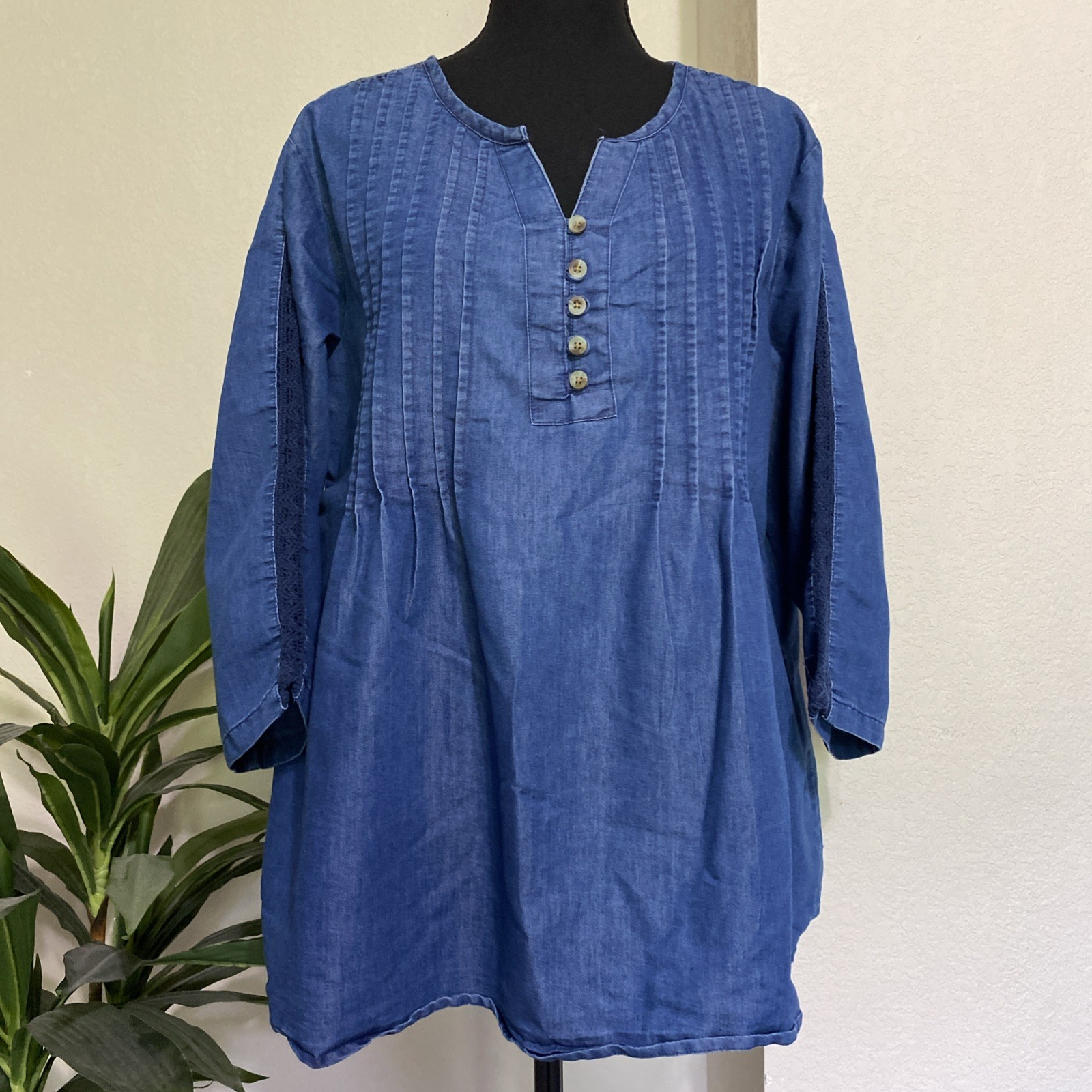 Collections Etc Blue Chambray 3/4 Sleeve Pintuck Popover Top XL Cottagecore
