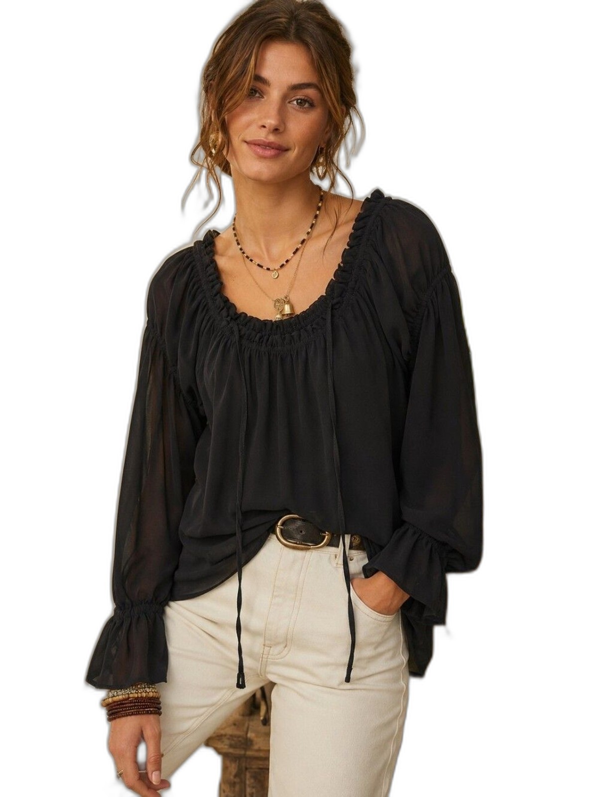 i Jeans By Buffalo Sheer Peasant L Blouse Black Off Shoulder Romantic Bohemian
