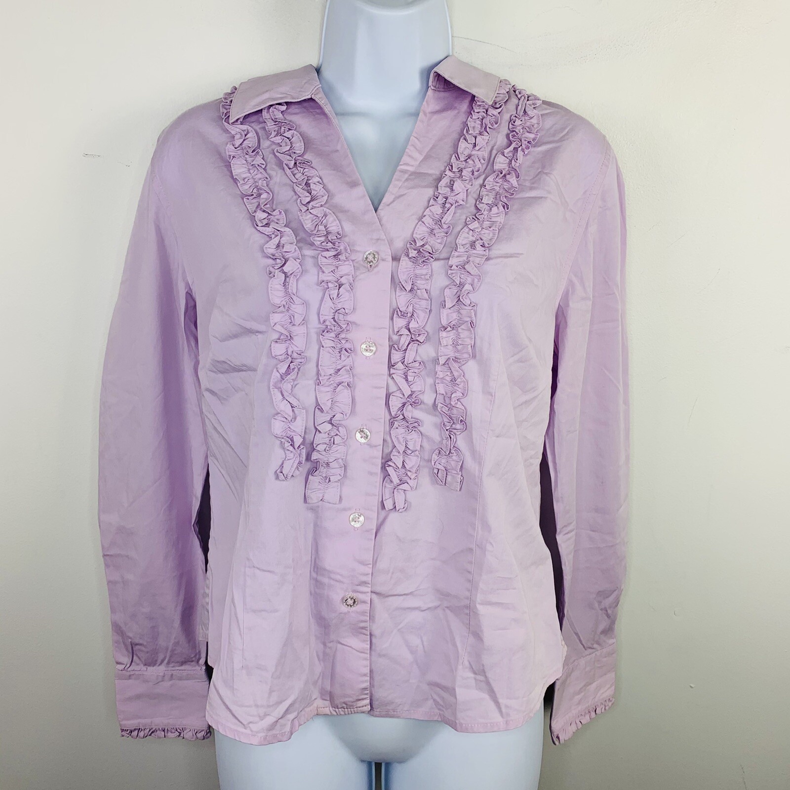 Valerie Stevens Lavender Ruffle Blouse sz PM Long Sleeve Victorian Inspired FO6