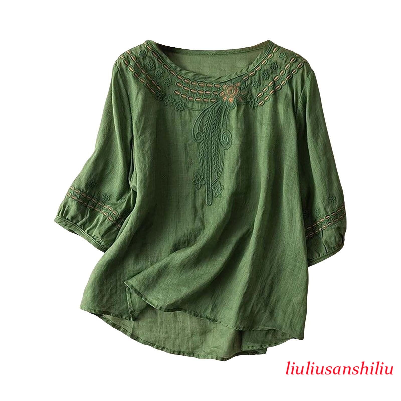 Women’s Cotton Linen Tunic Top Shirt Summer Casual Baggy Plain Blouse Plus Size