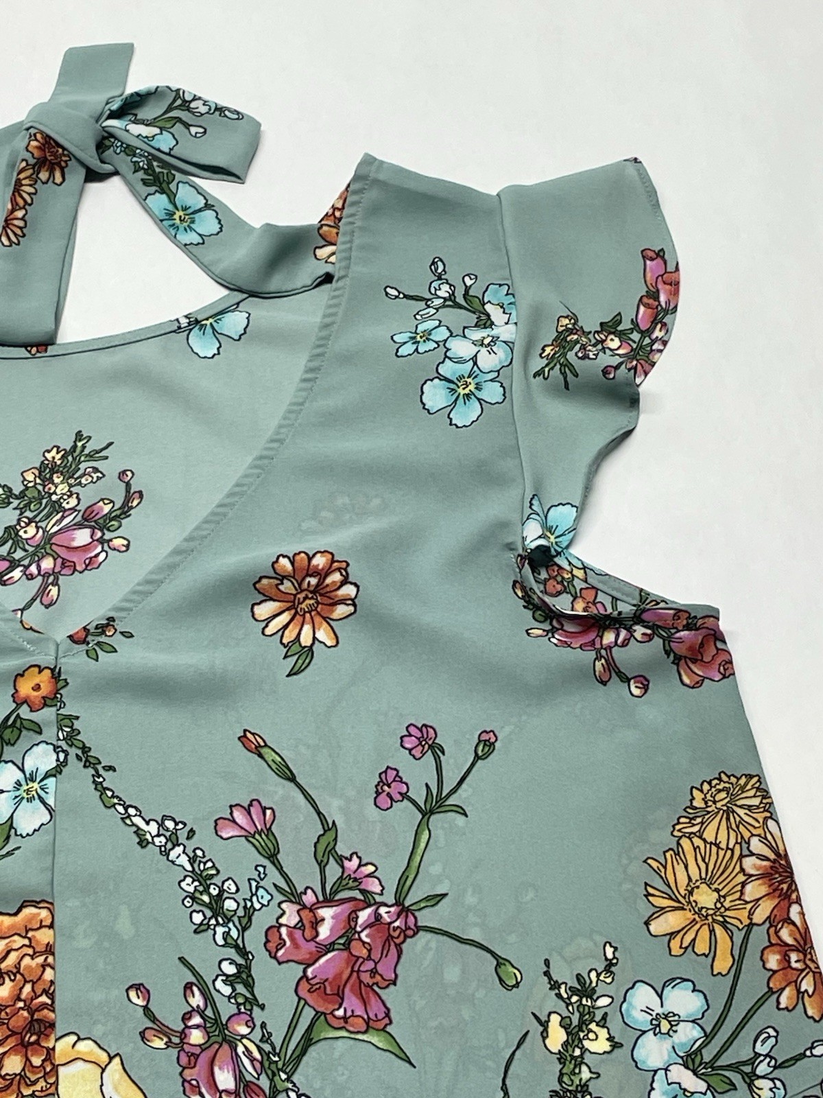 Blue Wildflower Floral Flutter Sleeve Tie Back Blouse XL Boho Cottagecore Dainty