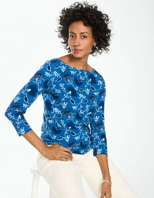 Talbots Bateau Neck Tee – Folk Floral PANSY BLUE MULTI Color, New, All Size