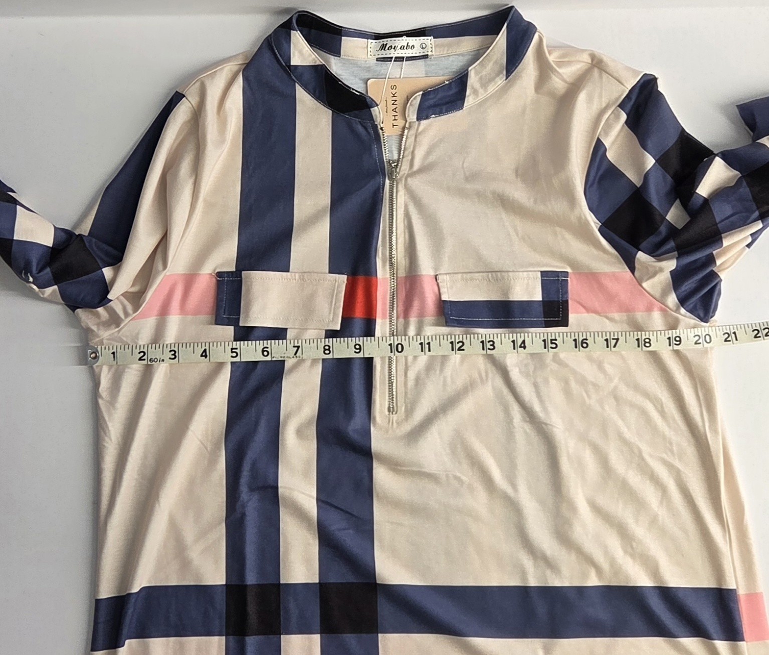 NWT Moyabo Women’s L Quarter Zip Tunic Top Plaid Striped Preppy Career Office