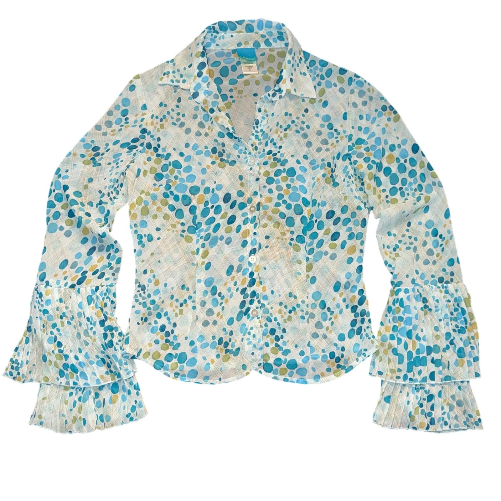 To The Max! Blue Polka Dot Tiered Pleated Bell Sleeve Button Up Blouse Small
