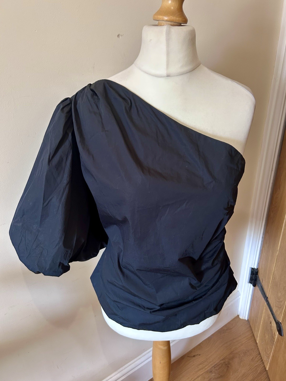 Marks And Spencer Cotton One Shoulder Puff Sleeve Top Black Size 14