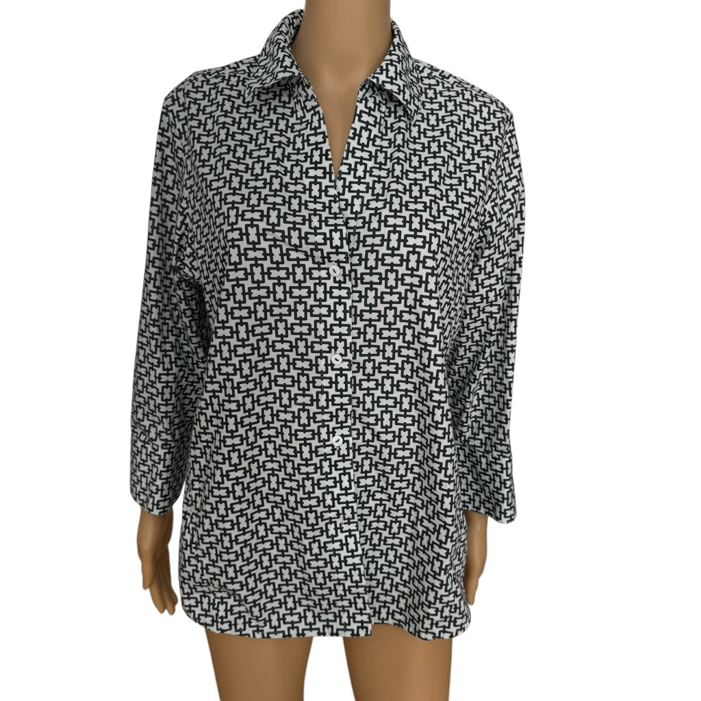 Foxcroft NYC Easy Care Pinpoint Stretch Chain Print Poplin Button-Up cotton sz L