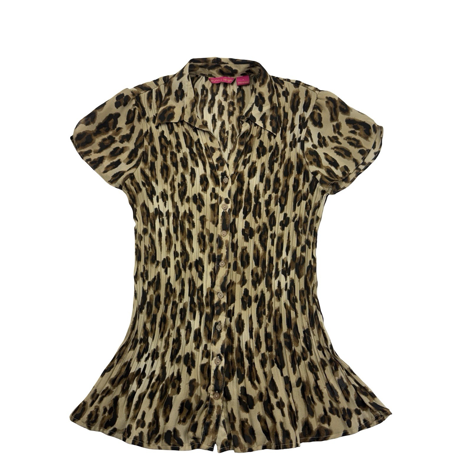 Sunny Leigh Shirt Womens Small S Leopard Pleated Short Sleeve Button Up Y2K