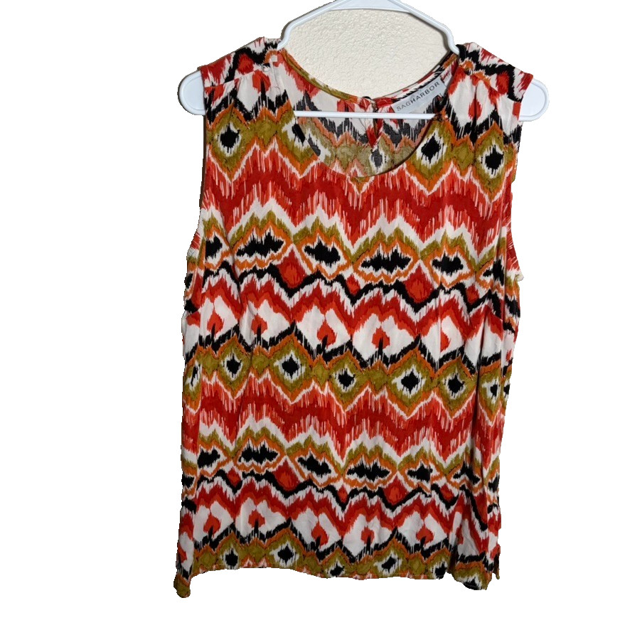 Sag Harbor Tank Top Women’s XL Sleeveless Printed Round Neck Colorful Ikat