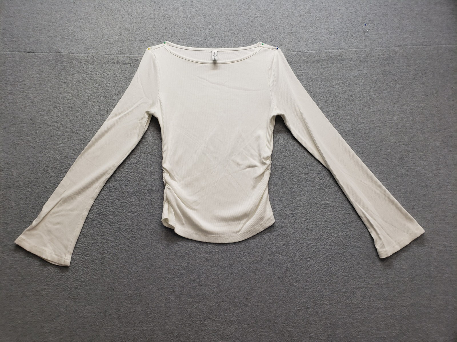 Prettygarden Women T Shirt Top S White Rib Boat Neck Long Sleeve Ruched Casual