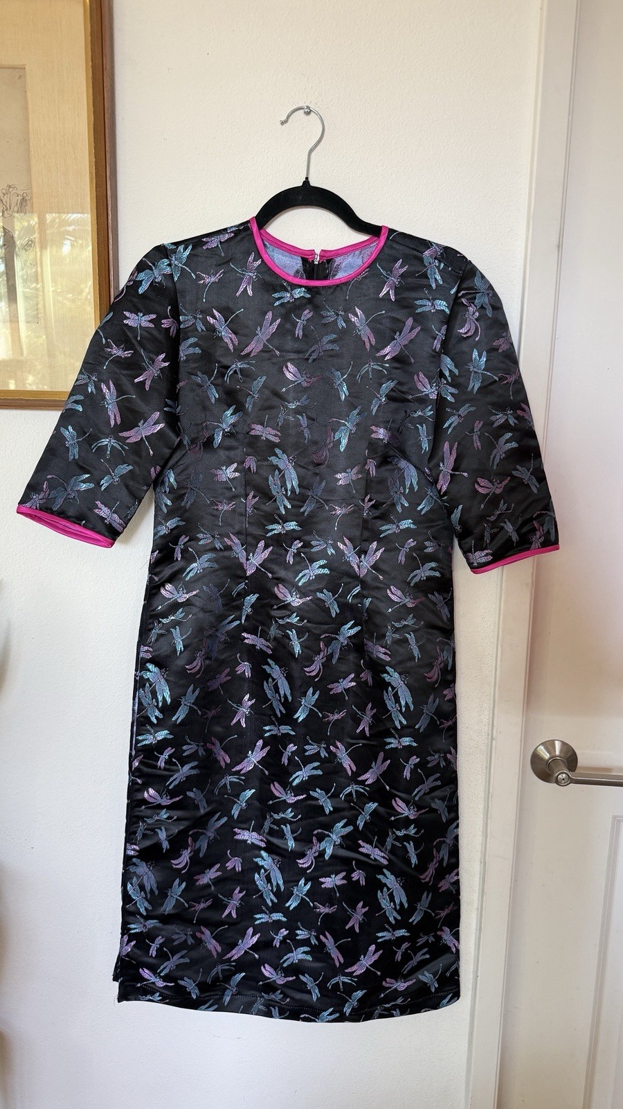 Vintage Asian Style Satin Tunic Dragonfly Print Black Side Slit Top Women S