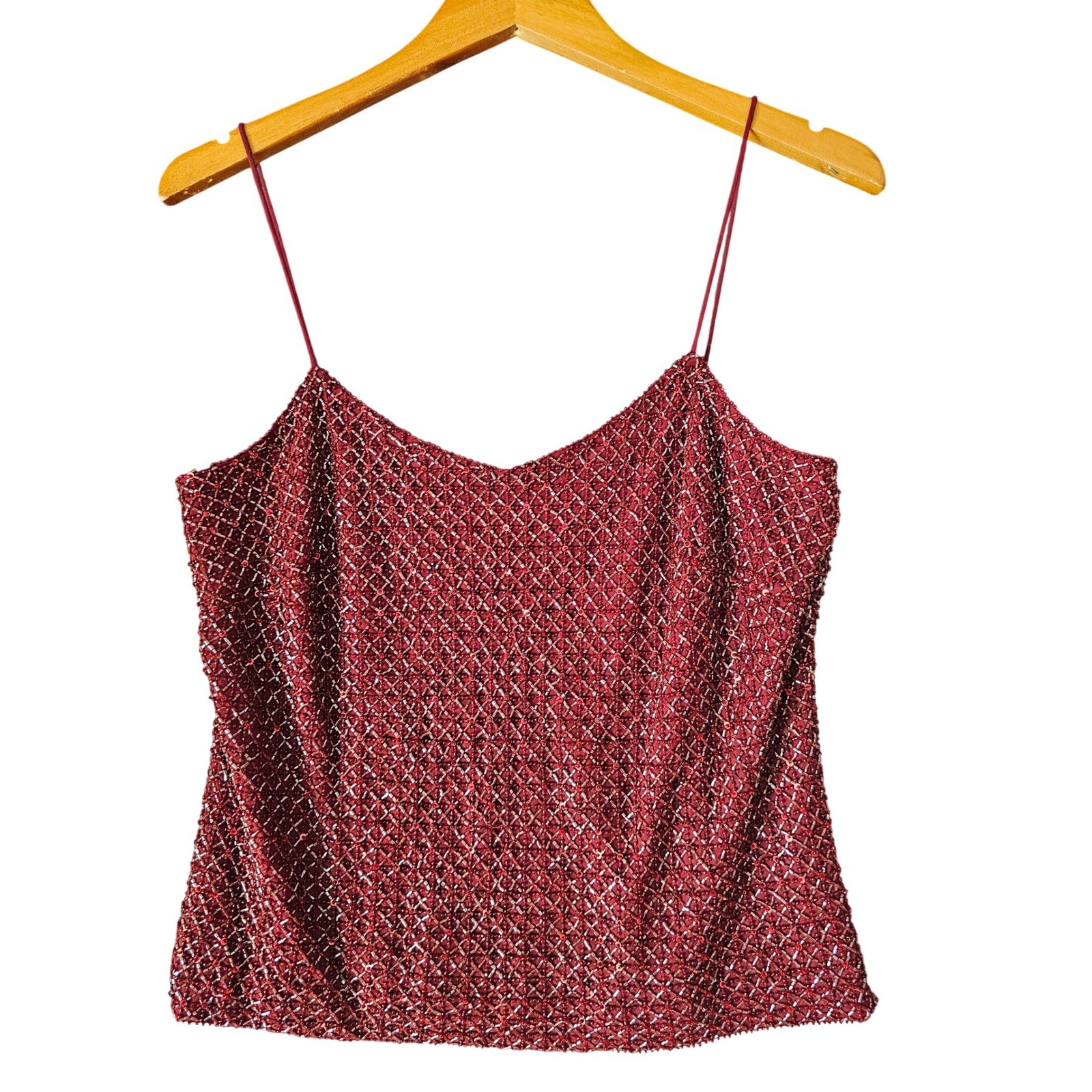 Ann Taylor Womens Burgundy Beaded Silk Camisole Top V-Neck Spaghetti Strap Sz 6