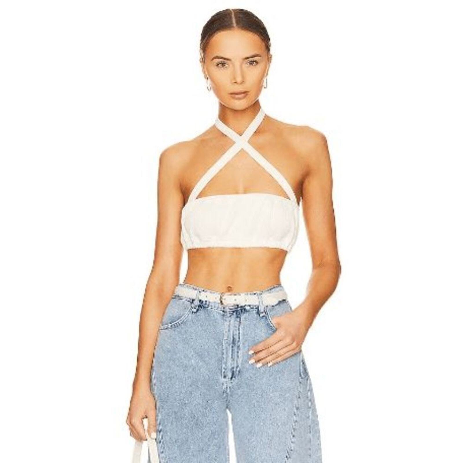 NWT WeWoreWhat Tie Halter Bra Top Women’s M Cream Ribbed Bandeau Crisscross