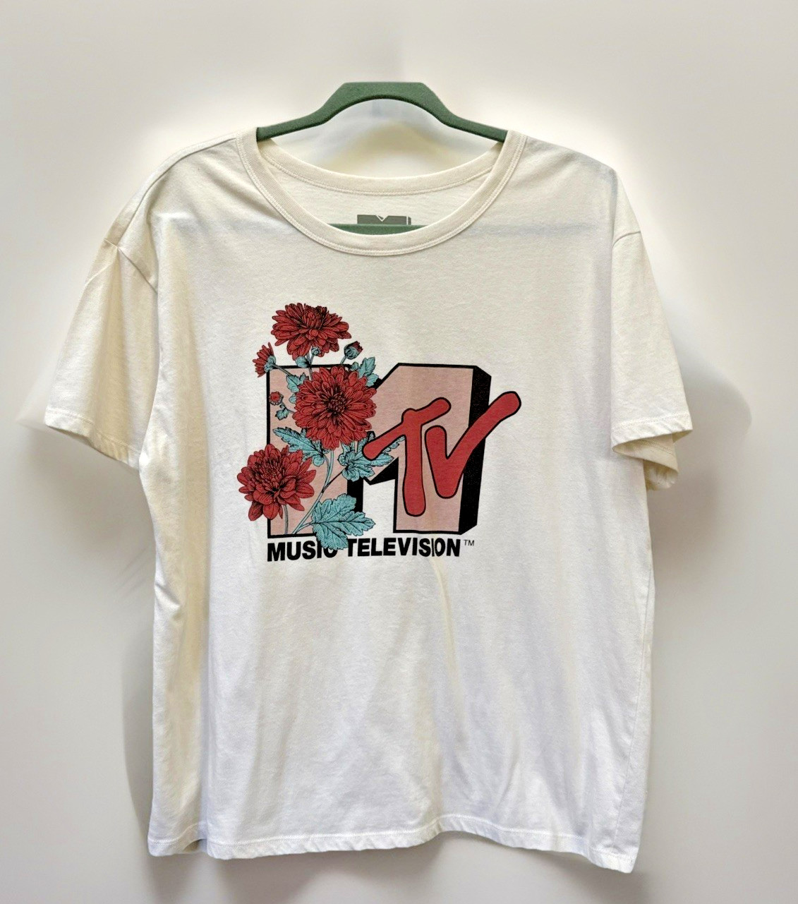 VTG MTV Music Television Video Women’s 80s T-Shirt Beige Red Flowers XL Retro