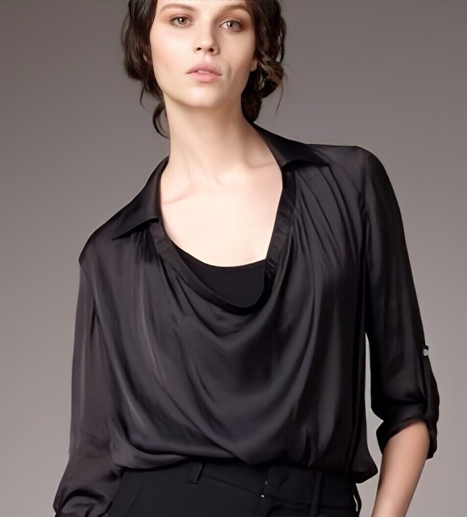 $235 VINCE Cowl Neck Satin Draped Blouse Black Roll Tab Sleeve Designer Top 10