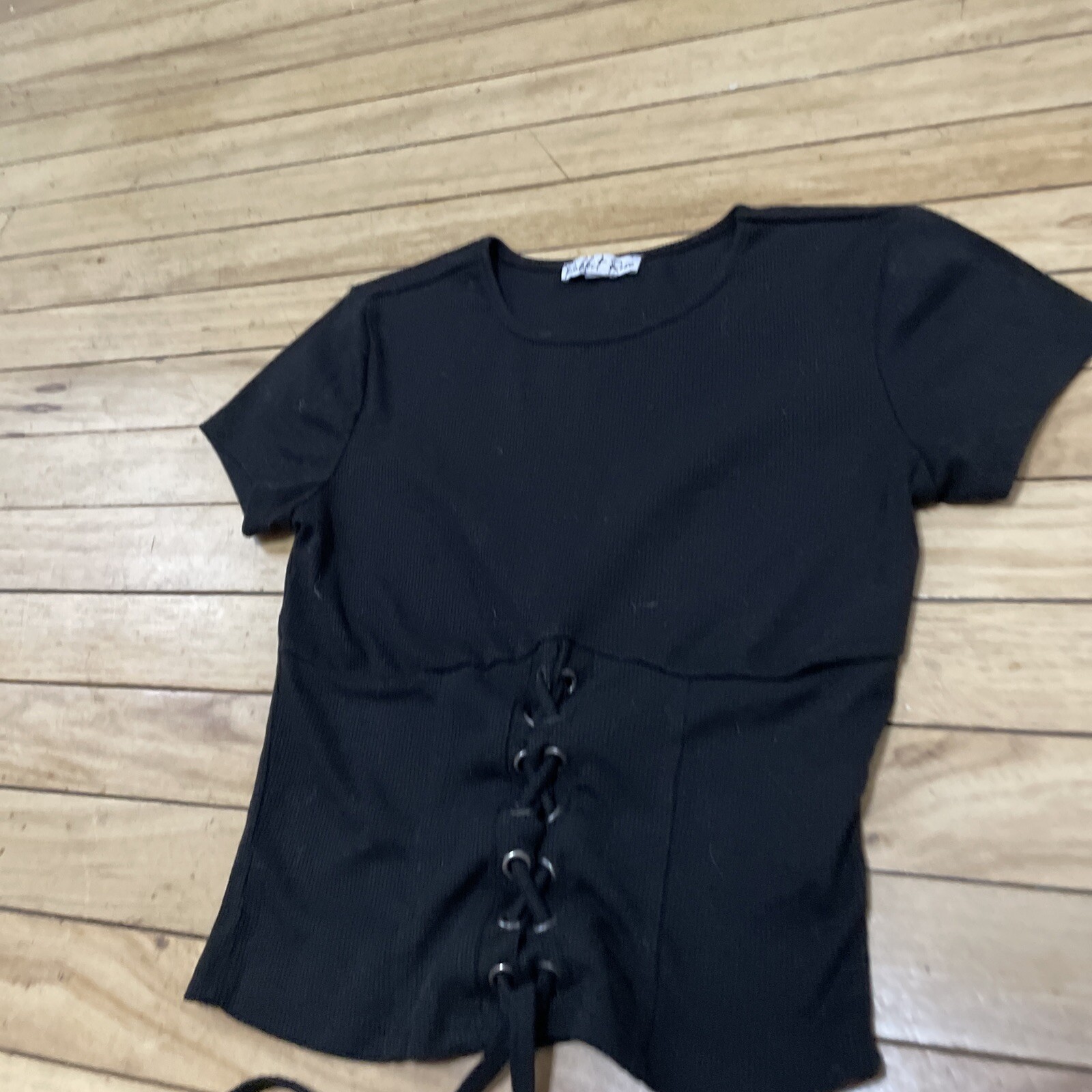 Rabbit Rose T-Shirt Tee Womens XS Crop Top Black Corseted Goth Witchy Ribbed XS
