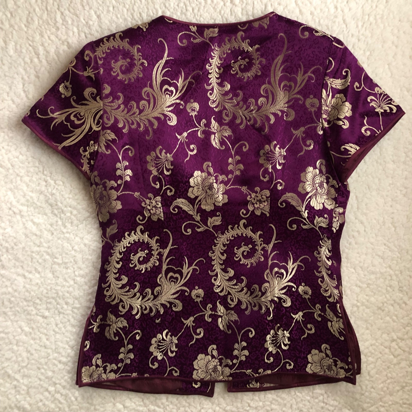 Asian Style Womens S Top Purple Paisley Floral Lined Silky Satiny Thin Shoulder